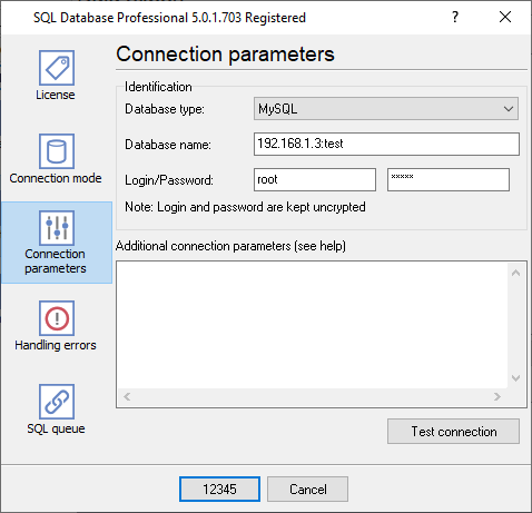 MySQL database connection settings.