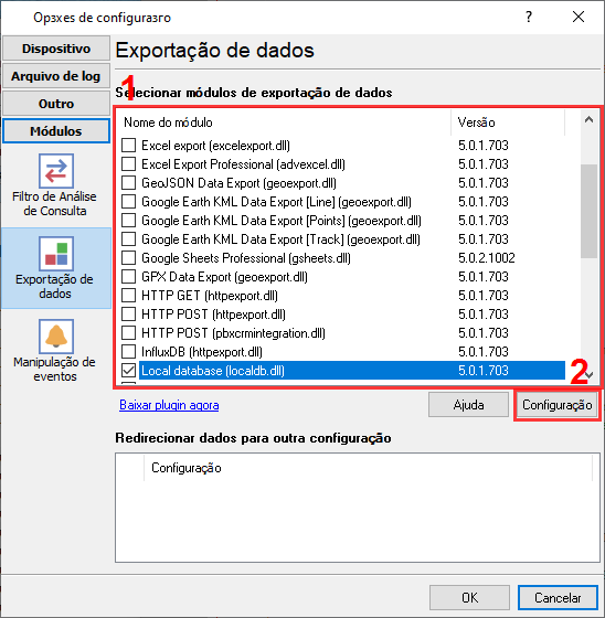Seleção de plugin para exportar dados analisados para arquivos CSV ou de texto.