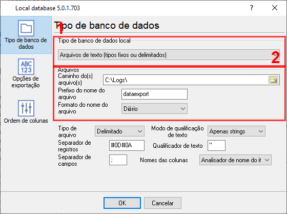 Exportação CSV: seleção do tipo de arquivo e ajustes finos.