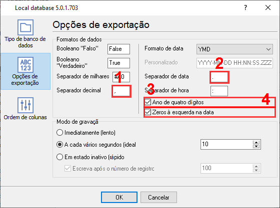 Regras de formatação de dados CSV (data, números, etc.).