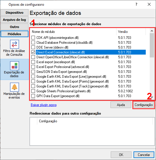 Seleção do conector direto do Excel.