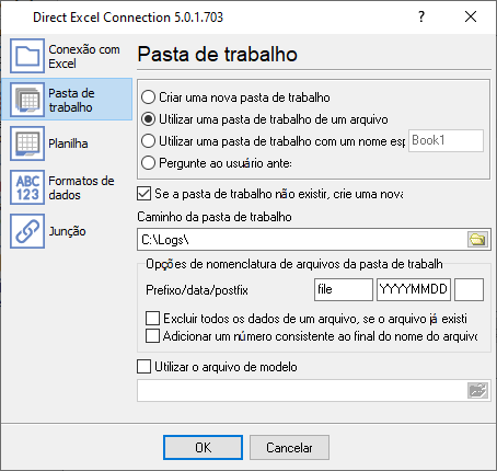 Configurações da pasta de trabalho do Excel.