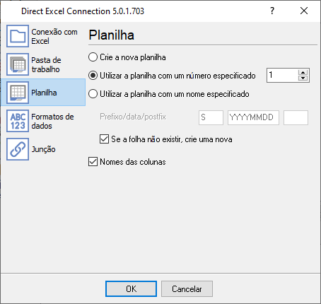 Configurações da planilha do Excel.