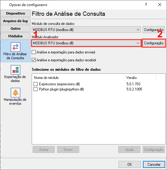 Seleção do plugin MODBUS RTU para consultar e analisar dados.