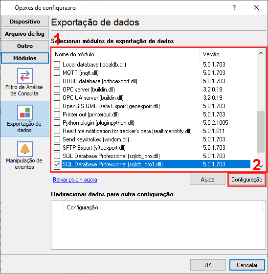 Seleção do conector de banco de dados PostgreSQL.