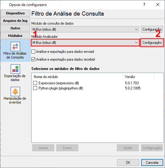 Seleção do plugin M-Bus para ler os dados do medidor de água.