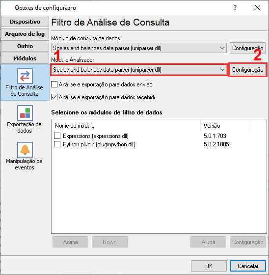 Seleção do plugin de balanças para consultar um dispositivo e analisar os dados recebidos.