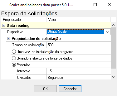 Configuração do plugin de balanças: tipo de balança e intervalo de consulta.