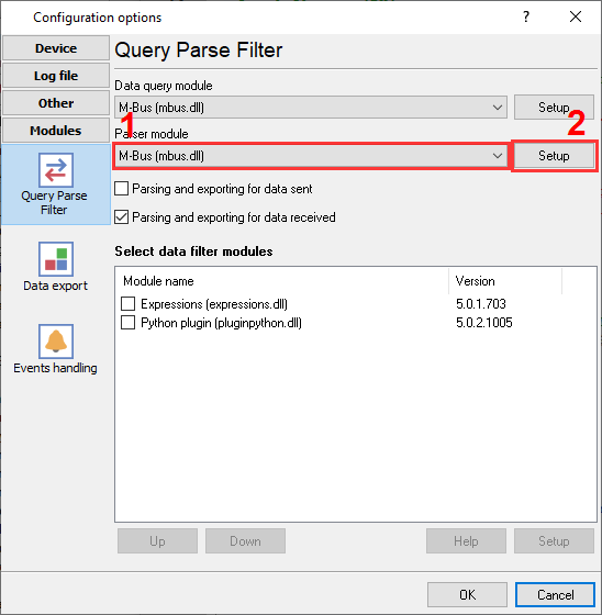 M-Bus plugin selection to read water meter data.